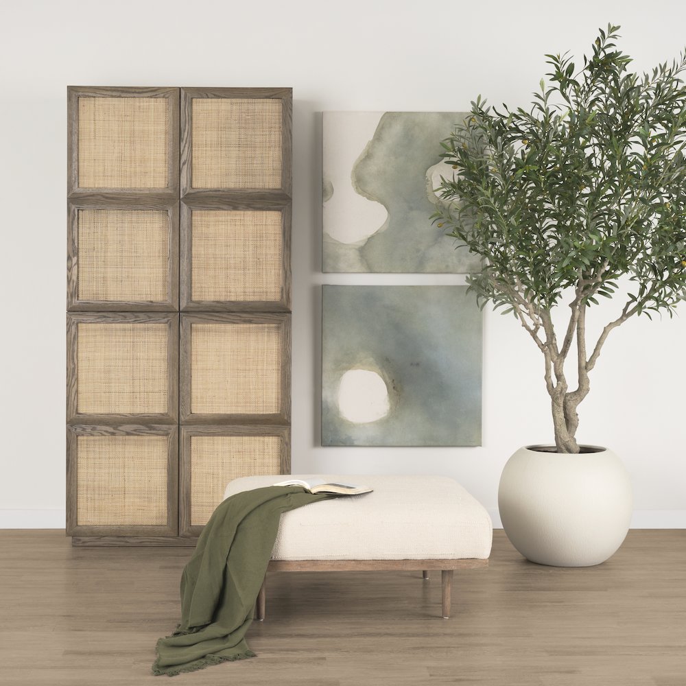 Shae Brown Wood Oatmeal Fabric Ottoman