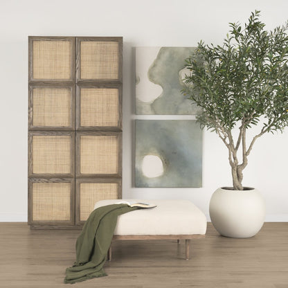 Shae Brown Wood Oatmeal Fabric Ottoman