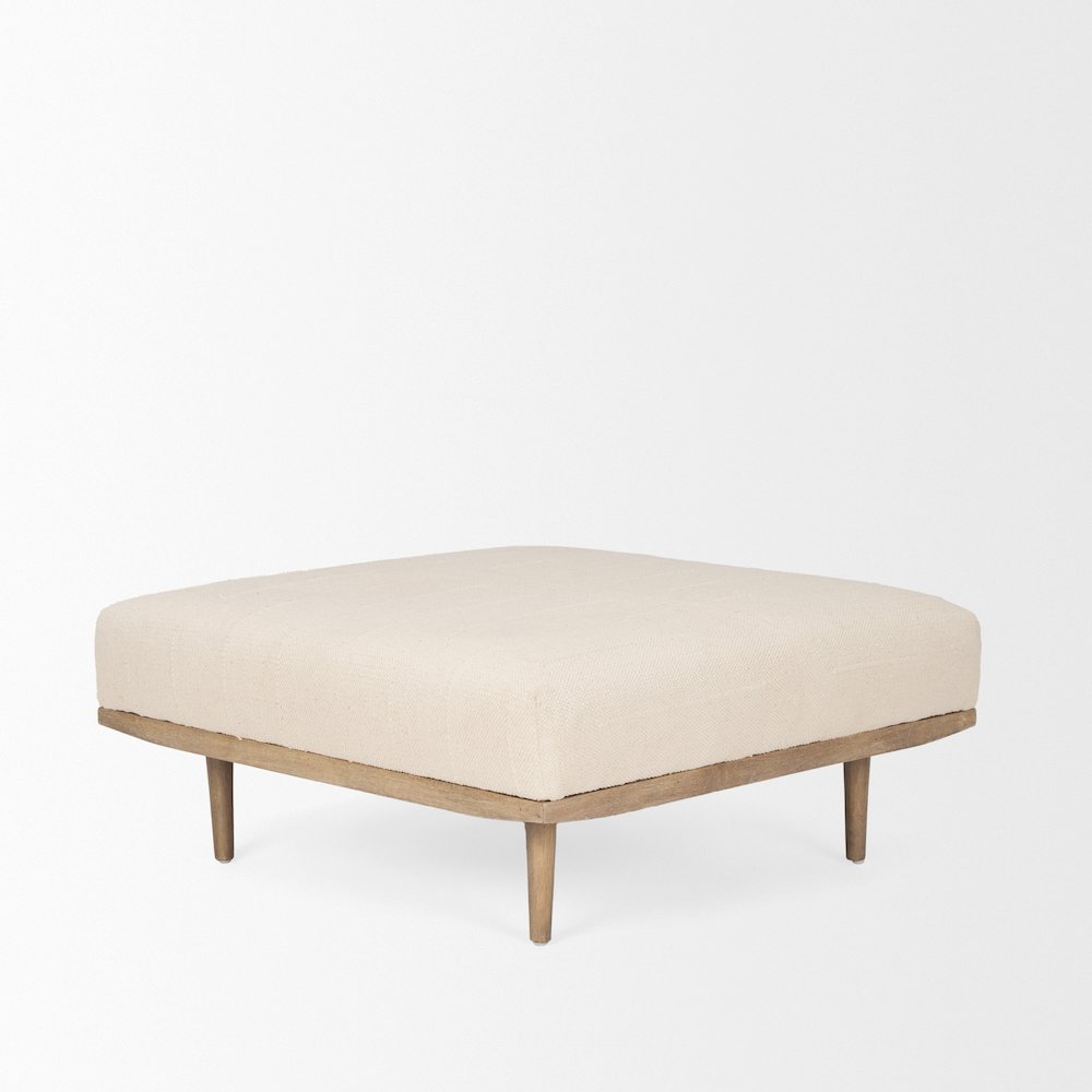 Shae Brown Wood Oatmeal Fabric Ottoman