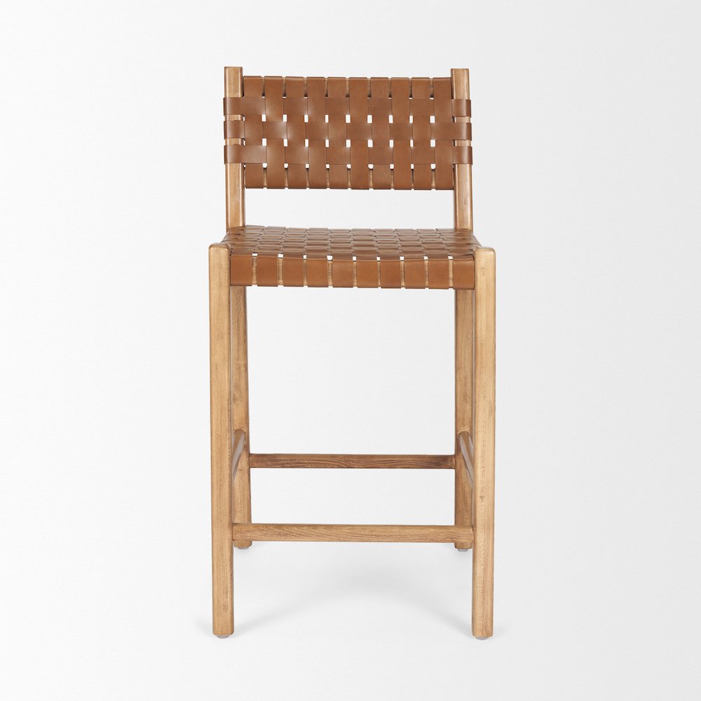 Brown Wood Woven Brown Leather Counter Stool
