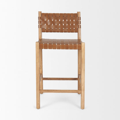 Brown Wood Woven Brown Leather Counter Stool