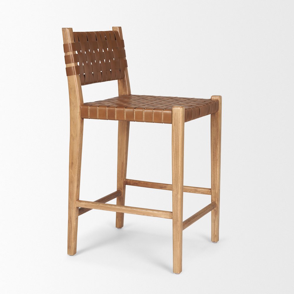 Brown Wood Woven Brown Leather Counter Stool