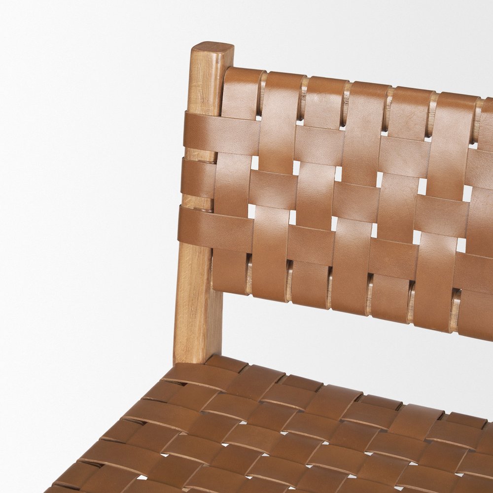 Brown Wood Woven Brown Leather Counter Stool