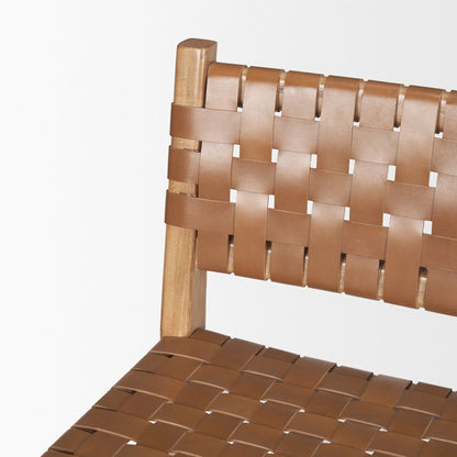 Brown Wood Woven Brown Leather Counter Stool
