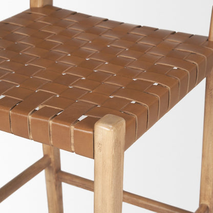 Brown Wood Woven Brown Leather Counter Stool