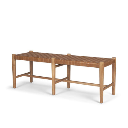 Brown Wood Woven Brown Leather Bench