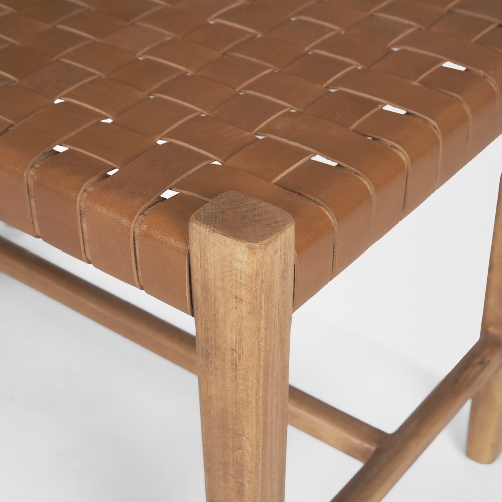Brown Wood Woven Brown Leather Bench