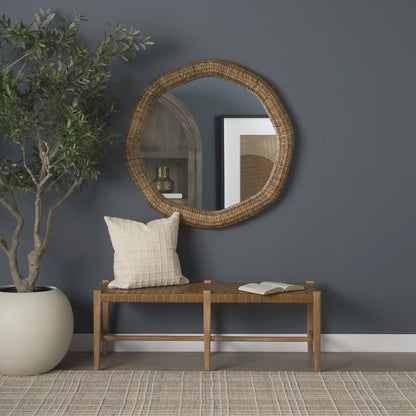 Brown Wood Woven Brown Leather Bench