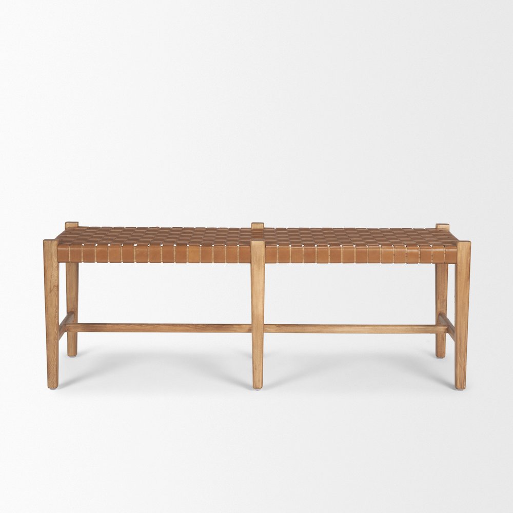 Brown Wood Woven Brown Leather Bench