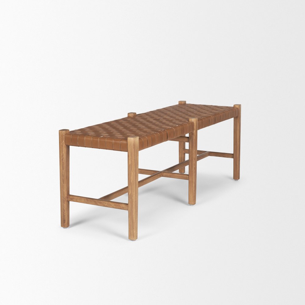 Brown Wood Woven Brown Leather Bench