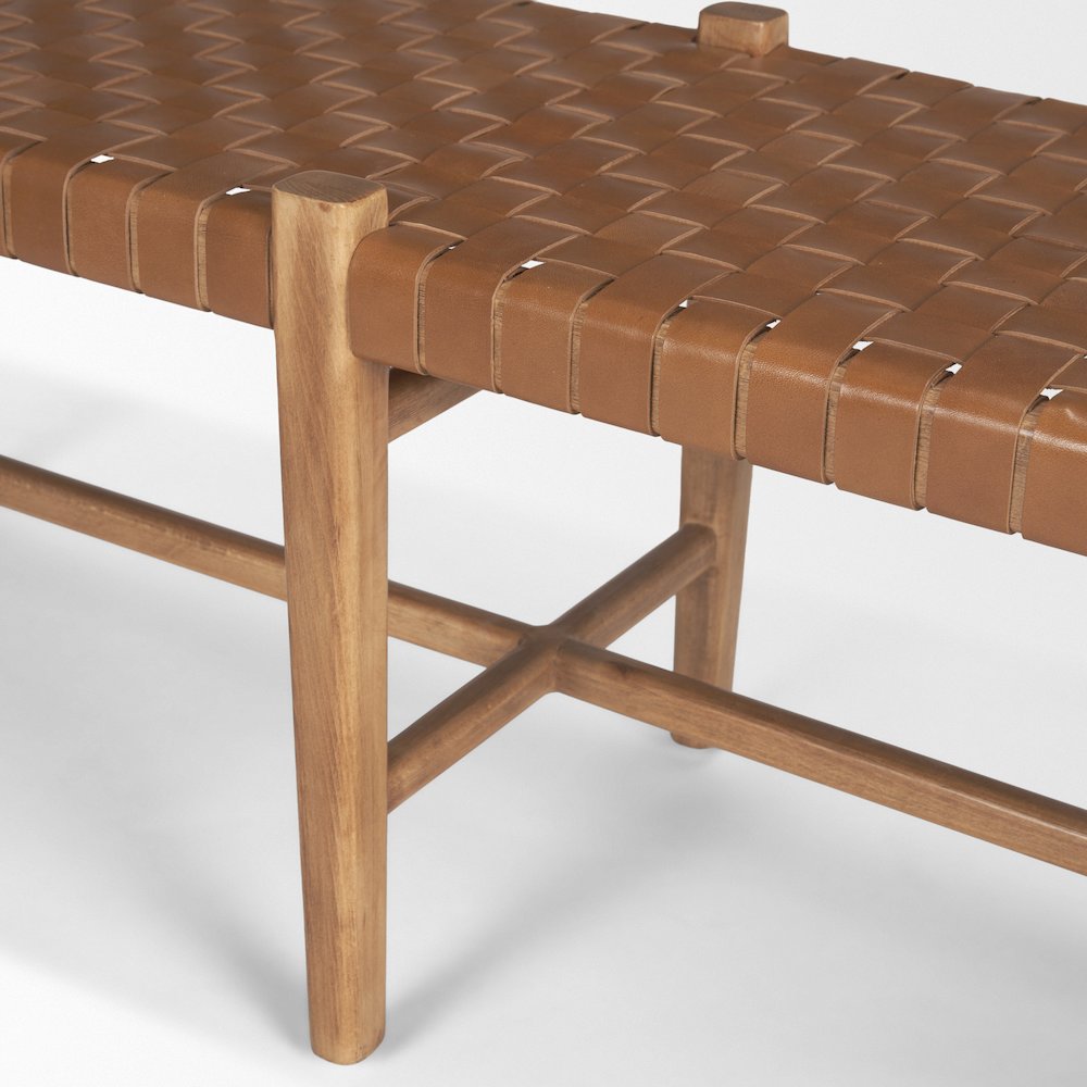 Brown Wood Woven Brown Leather Bench