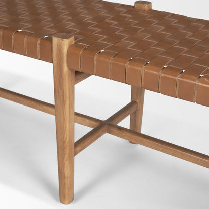 Brown Wood Woven Brown Leather Bench
