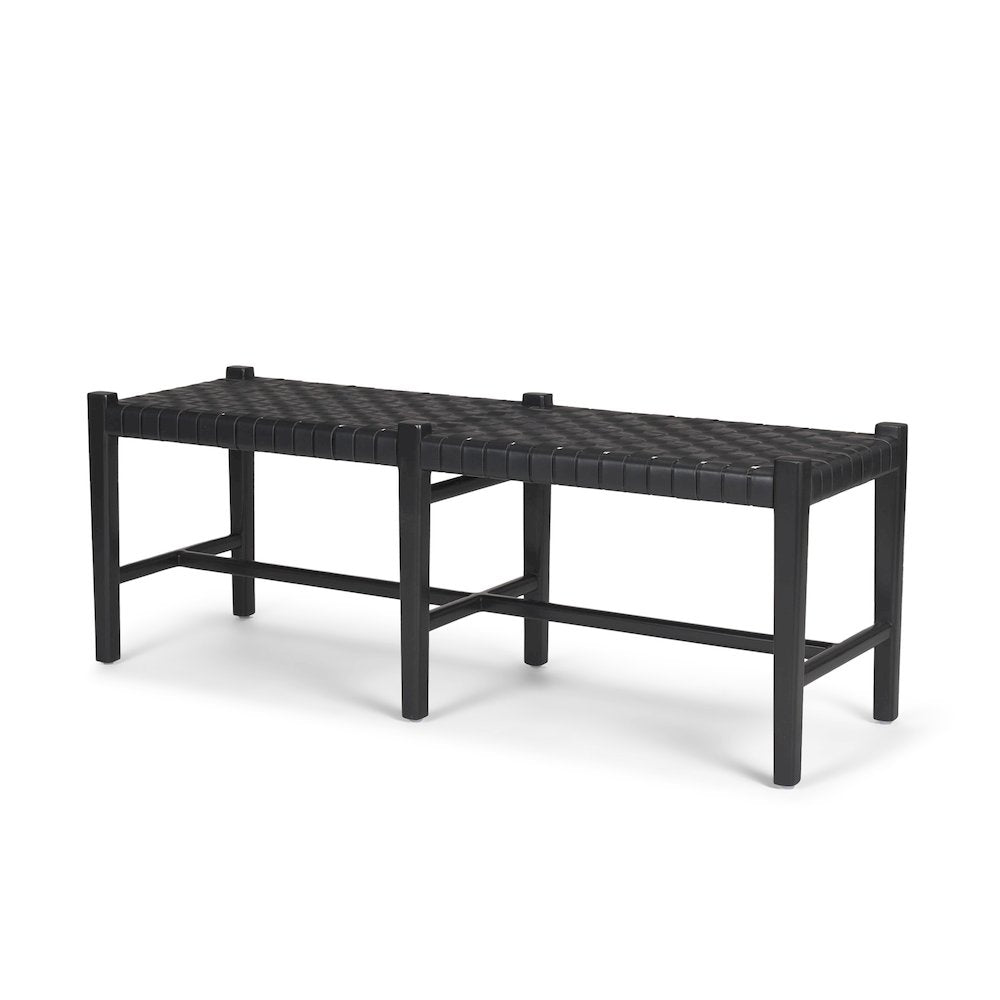 Black Wood Woven Black Leather Bench