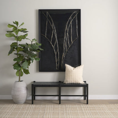 Black Wood Woven Black Leather Bench