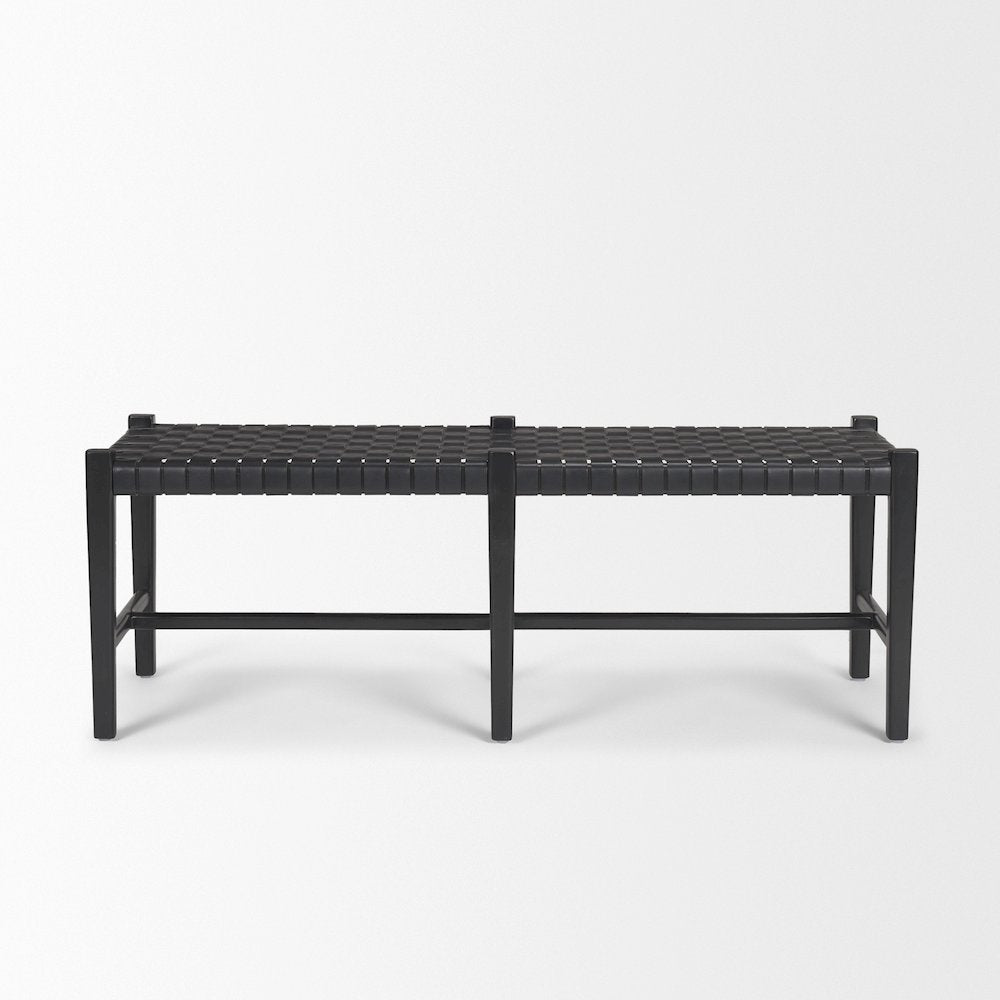 Black Wood Woven Black Leather Bench