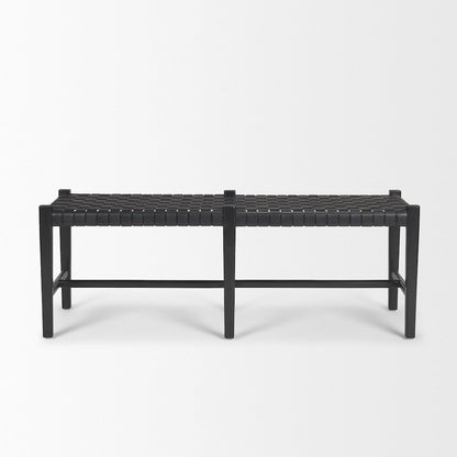 Black Wood Woven Black Leather Bench