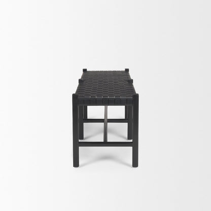 Black Wood Woven Black Leather Bench
