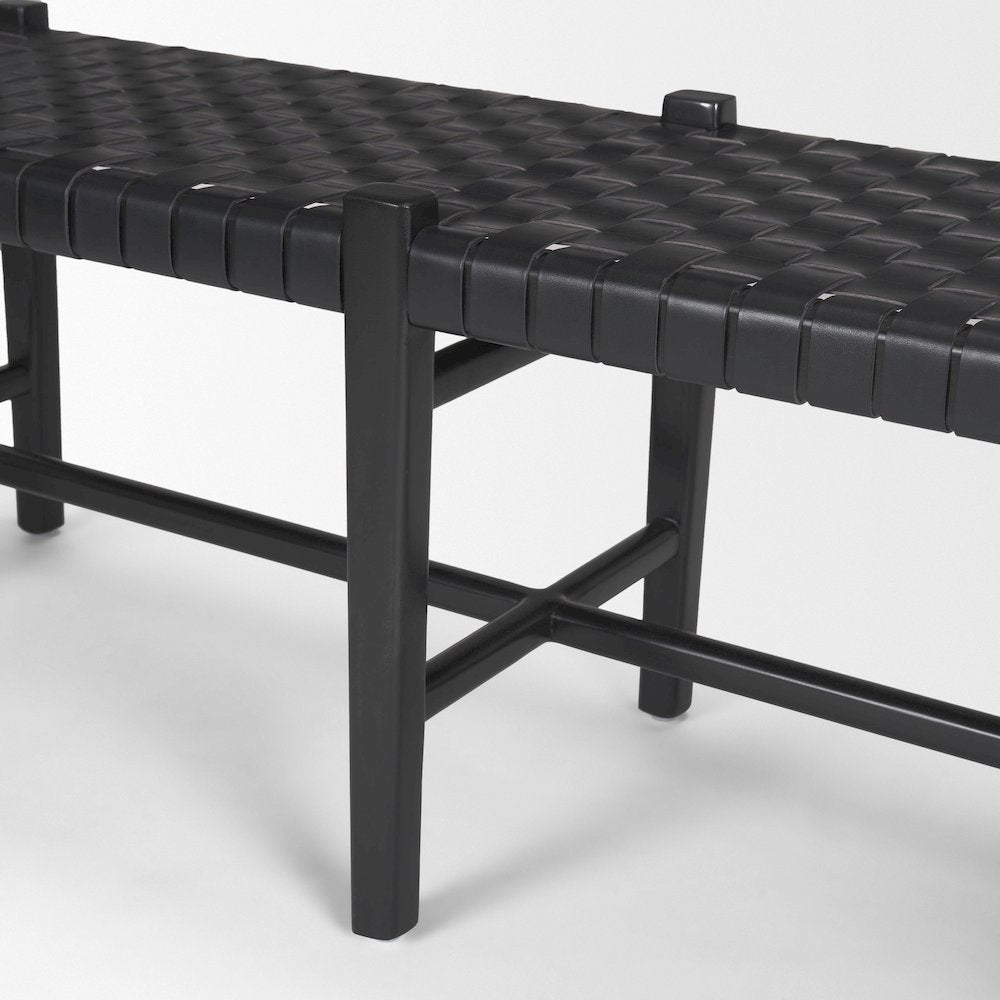 Black Wood Woven Black Leather Bench