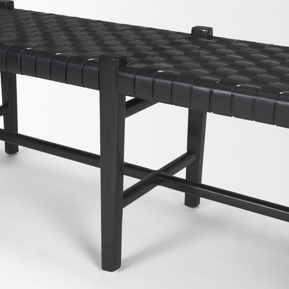Black Wood Woven Black Leather Bench