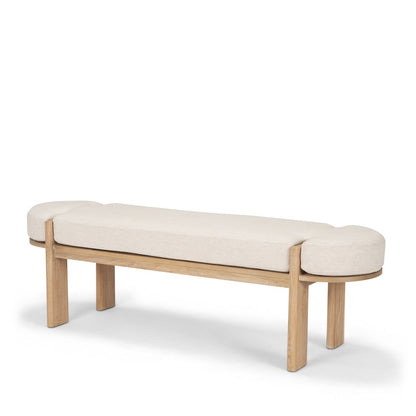 Light Brown Elm Wood Oatmeal Fabric Bench