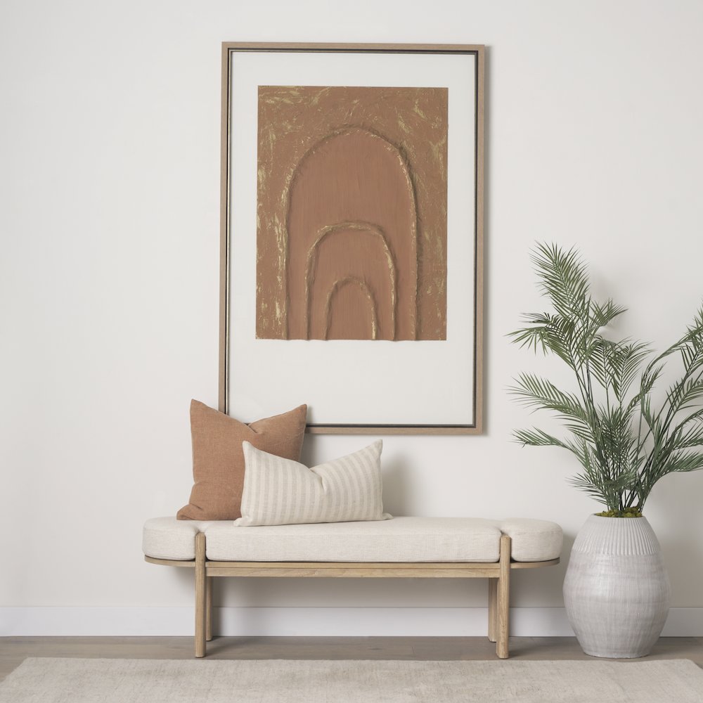 Light Brown Elm Wood Oatmeal Fabric Bench