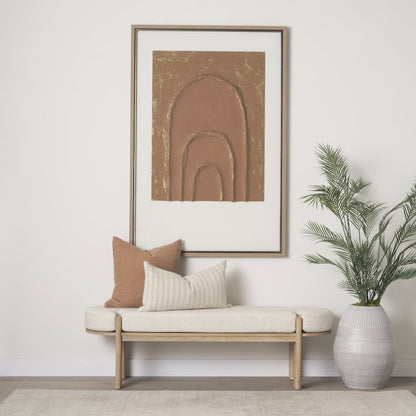 Light Brown Elm Wood Oatmeal Fabric Bench