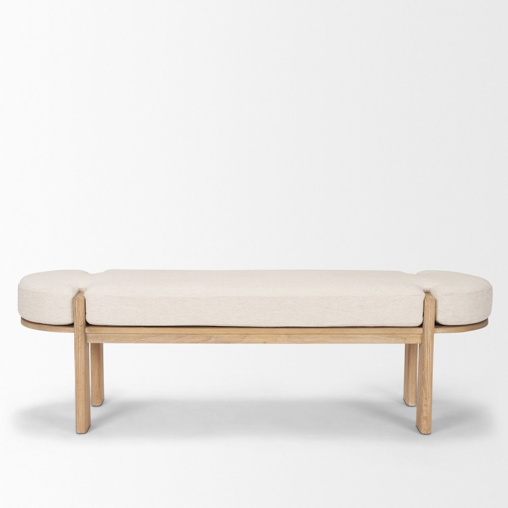 Light Brown Elm Wood Oatmeal Fabric Bench