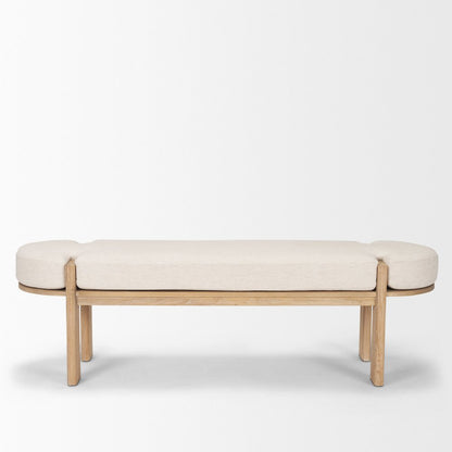 Light Brown Elm Wood Oatmeal Fabric Bench