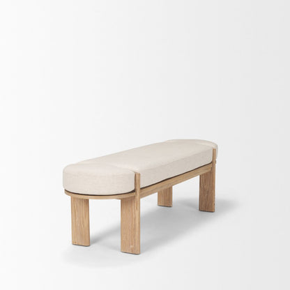 Light Brown Elm Wood Oatmeal Fabric Bench
