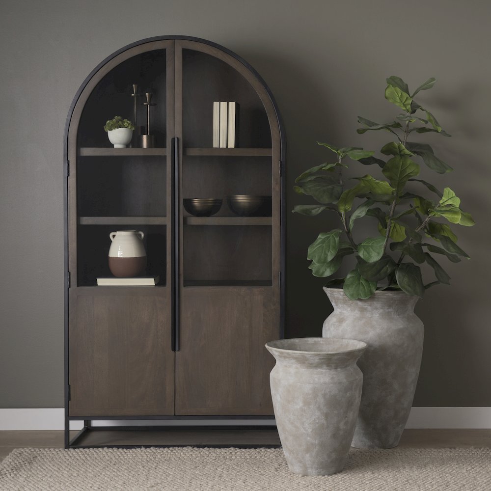 80.5H Dark Brown Woodblack Metal Arched Curio Cabinet