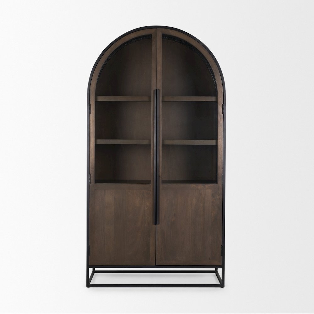 80.5H Dark Brown Woodblack Metal Arched Curio Cabinet