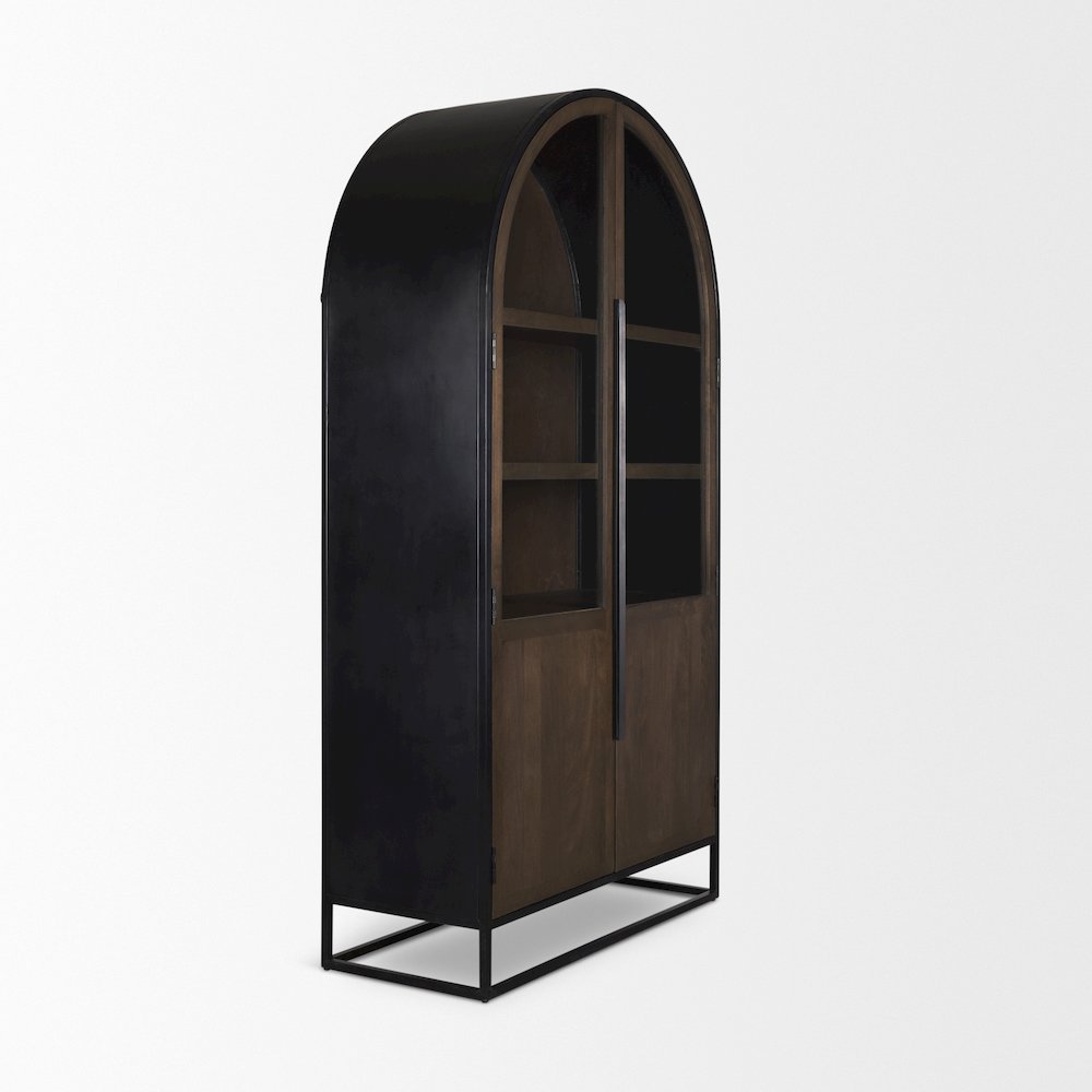 80.5H Dark Brown Woodblack Metal Arched Curio Cabinet