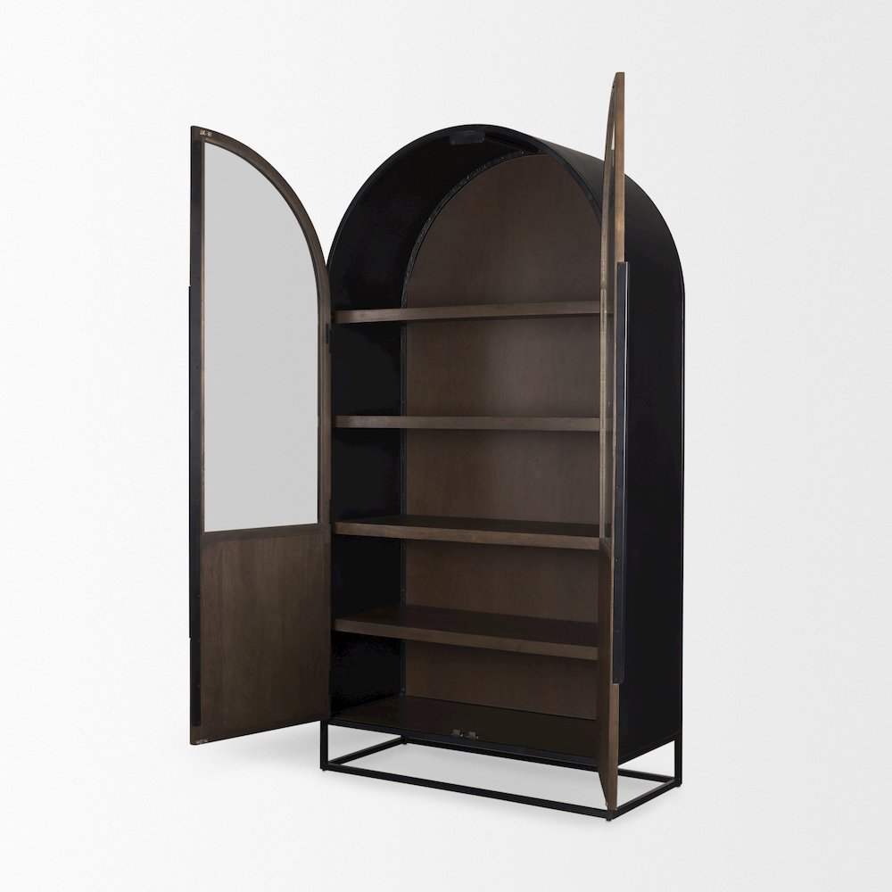 80.5H Dark Brown Woodblack Metal Arched Curio Cabinet