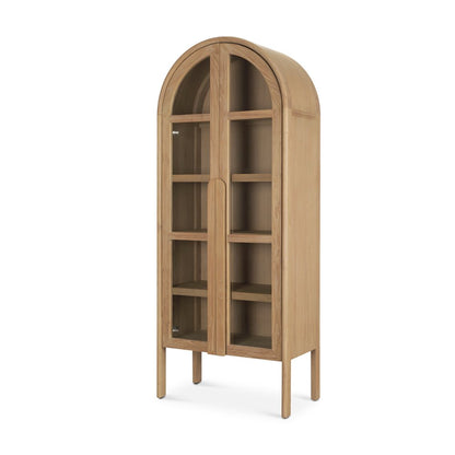 Light Brown Elm Wood Glass Doors Arched Curio Cabinet
