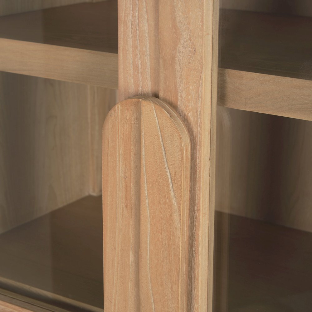 Light Brown Elm Wood Glass Doors Arched Curio Cabinet