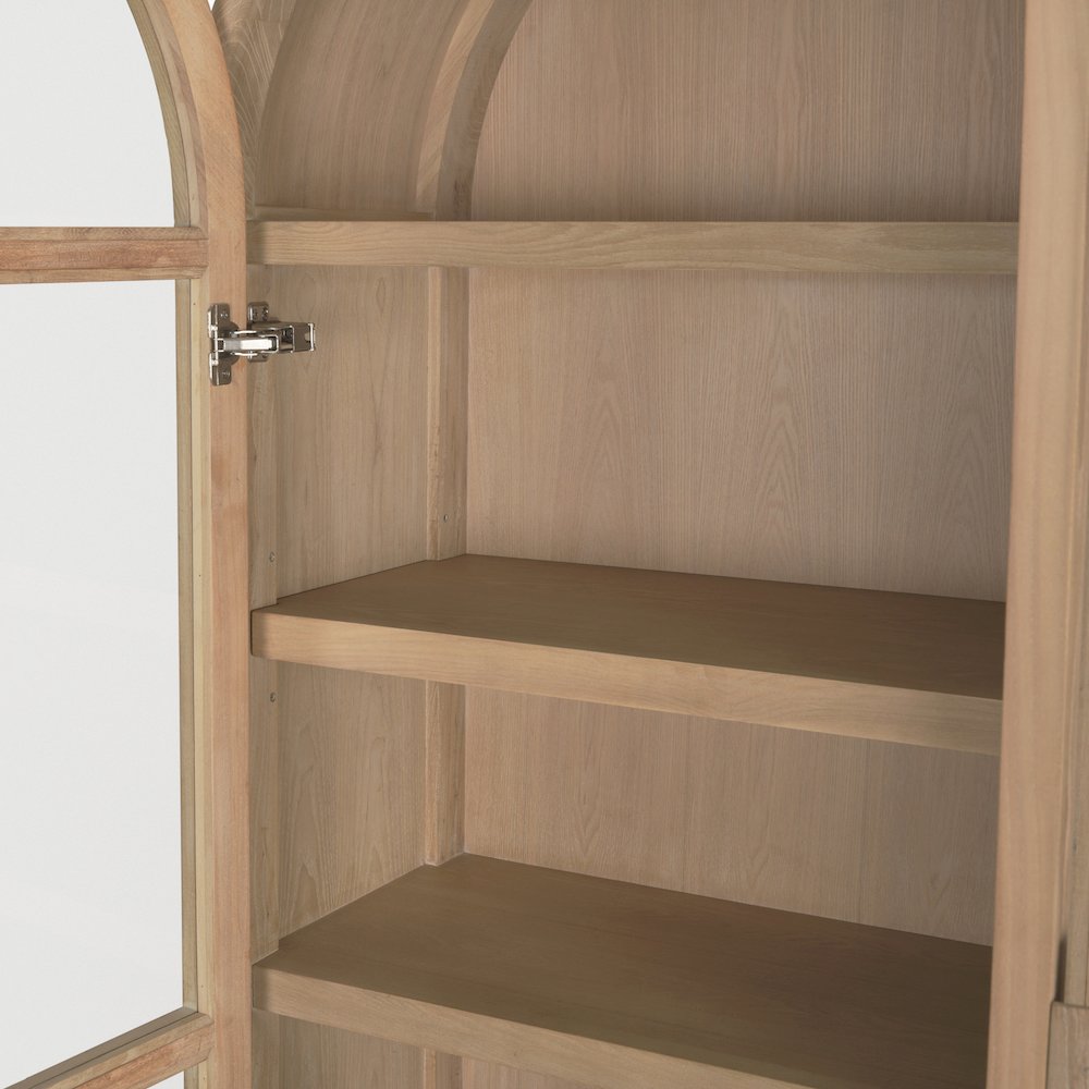 Light Brown Elm Wood Glass Doors Arched Curio Cabinet