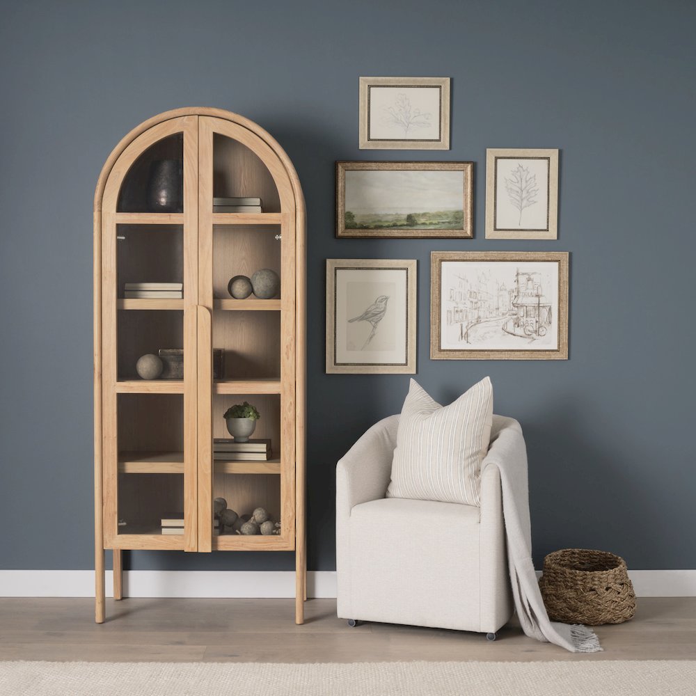 Light Brown Elm Wood Glass Doors Arched Curio Cabinet