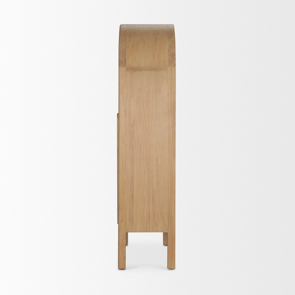 Light Brown Elm Wood Glass Doors Arched Curio Cabinet