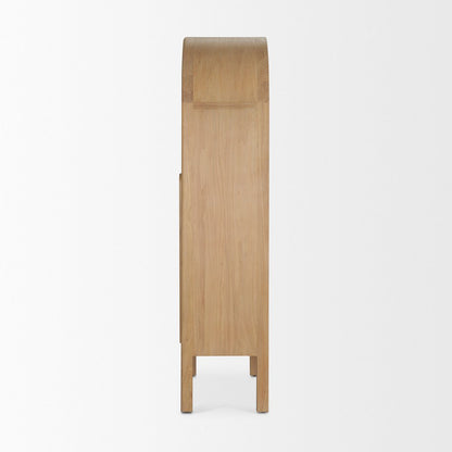 Light Brown Elm Wood Glass Doors Arched Curio Cabinet