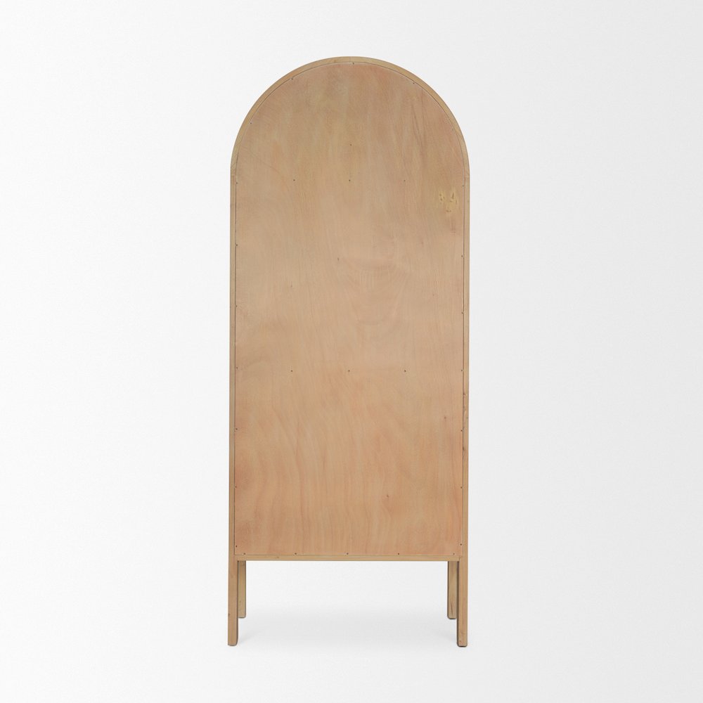 Light Brown Elm Wood Glass Doors Arched Curio Cabinet