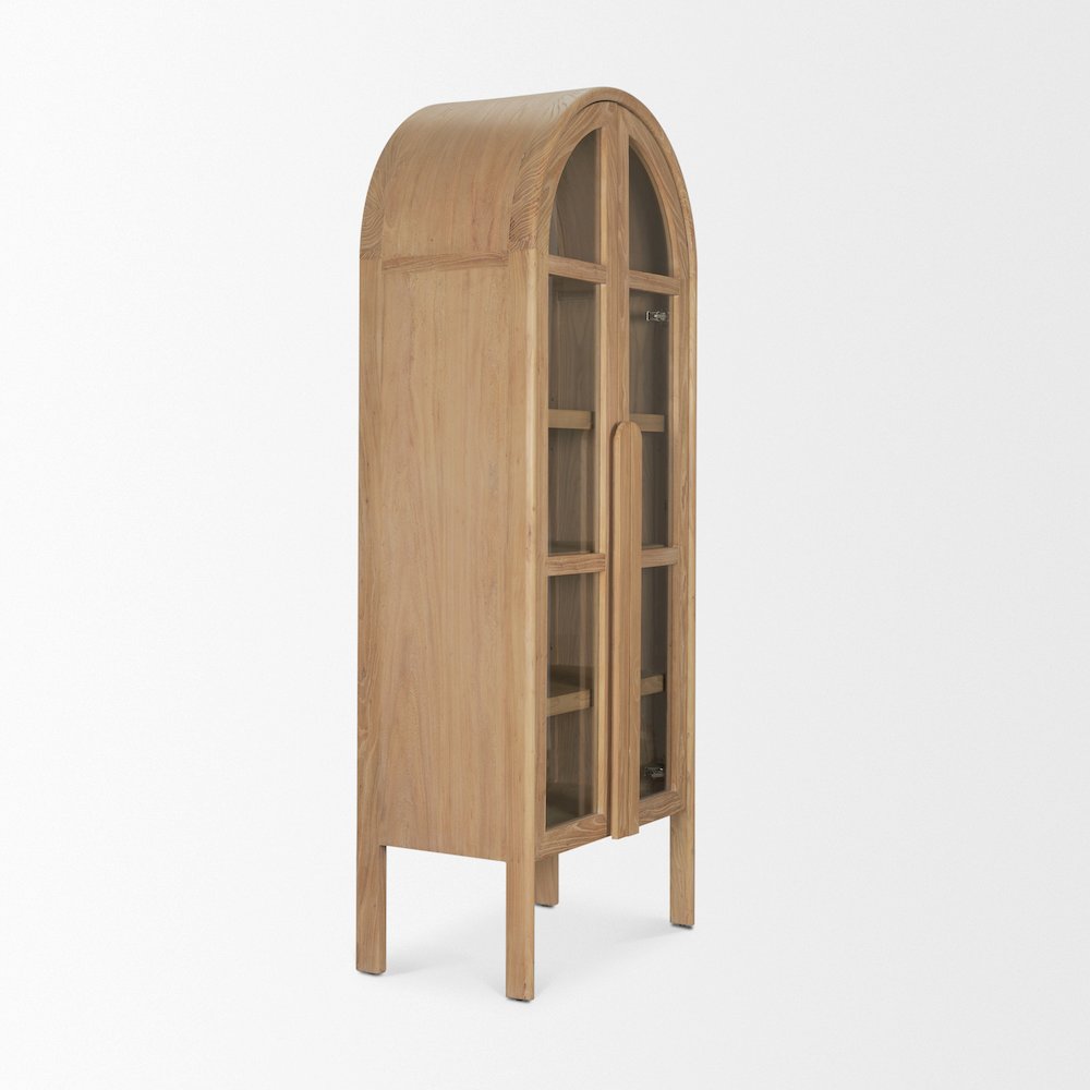 Light Brown Elm Wood Glass Doors Arched Curio Cabinet
