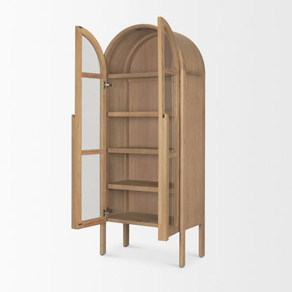 Light Brown Elm Wood Glass Doors Arched Curio Cabinet