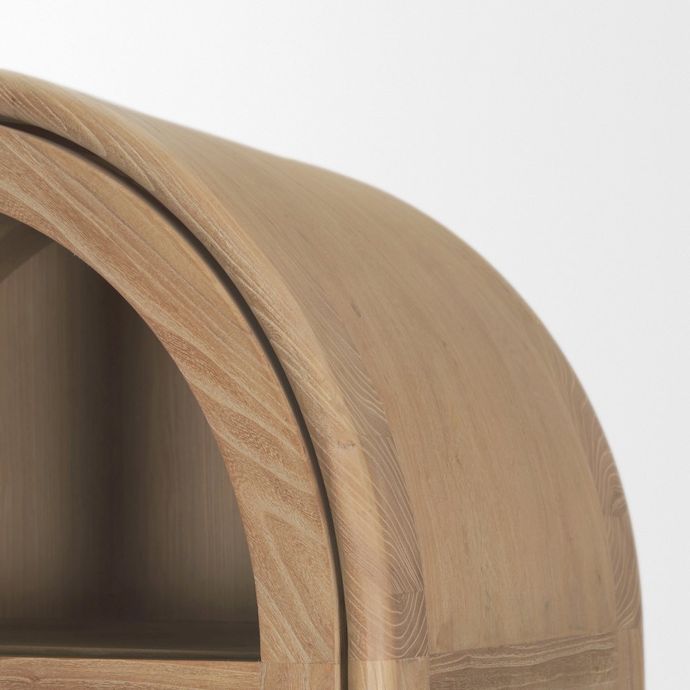 Light Brown Elm Wood Glass Doors Arched Curio Cabinet