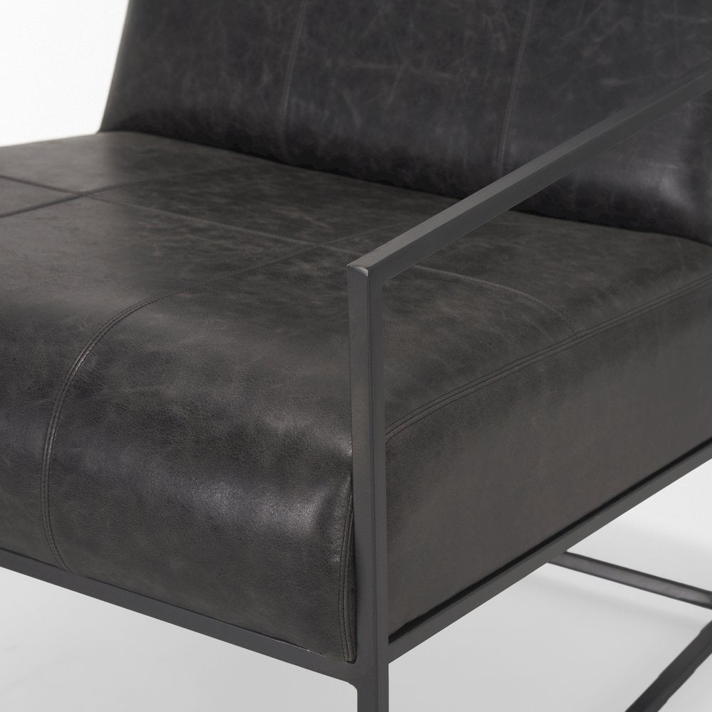 Gunmetal Genuine Aged Black Leather Upholstered Accent Chair