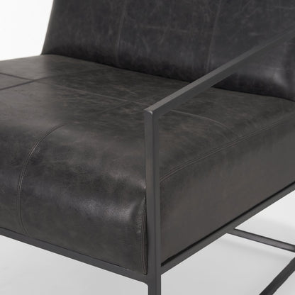 Gunmetal Genuine Aged Black Leather Upholstered Accent Chair