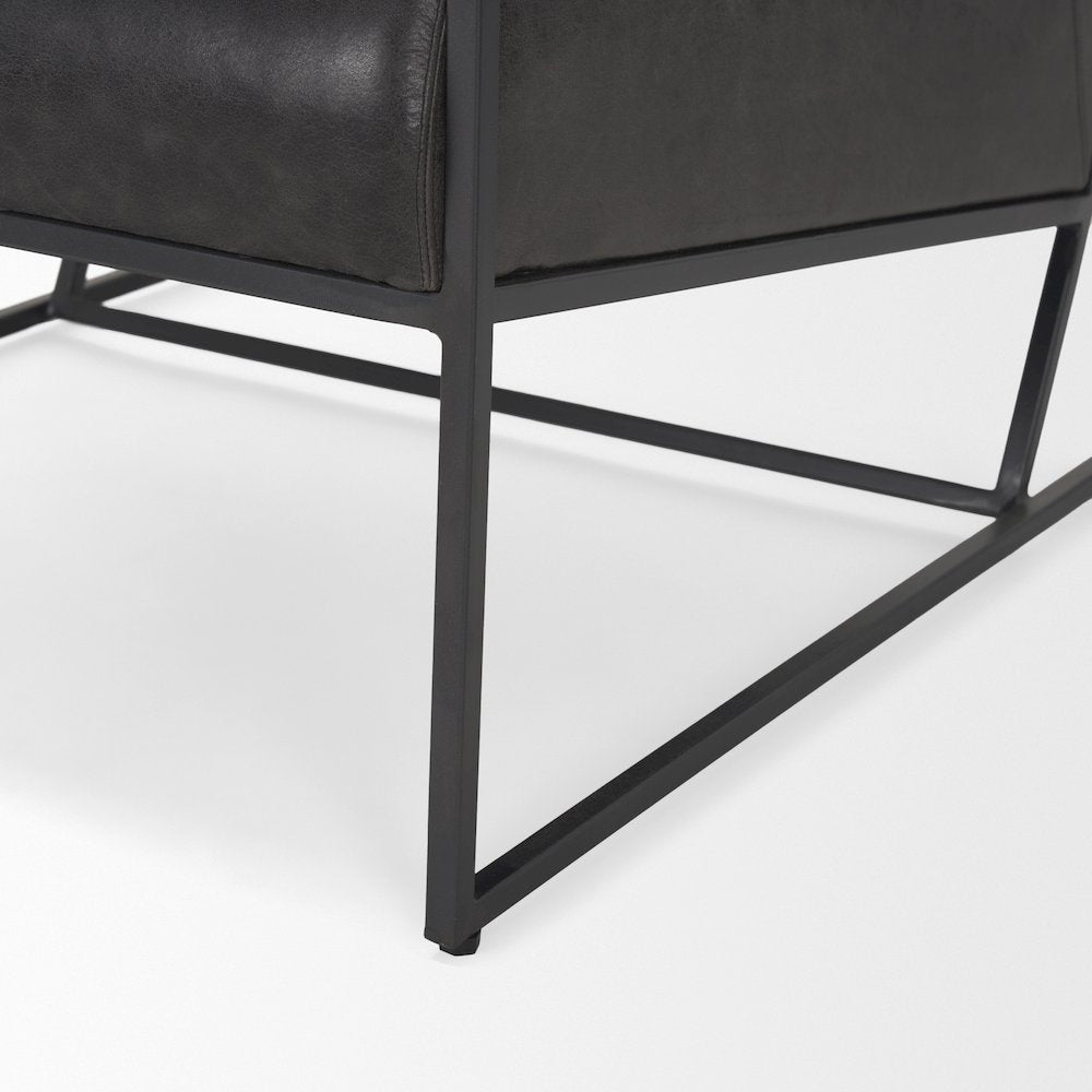 Gunmetal Genuine Aged Black Leather Upholstered Accent Chair