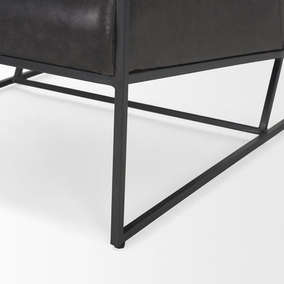 Gunmetal Genuine Aged Black Leather Upholstered Accent Chair