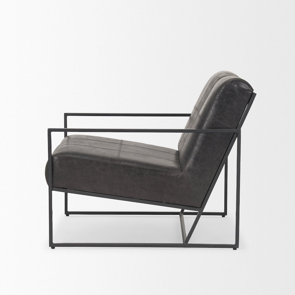 Gunmetal Genuine Aged Black Leather Upholstered Accent Chair