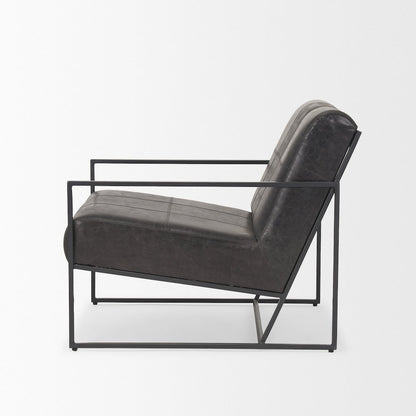 Gunmetal Genuine Aged Black Leather Upholstered Accent Chair
