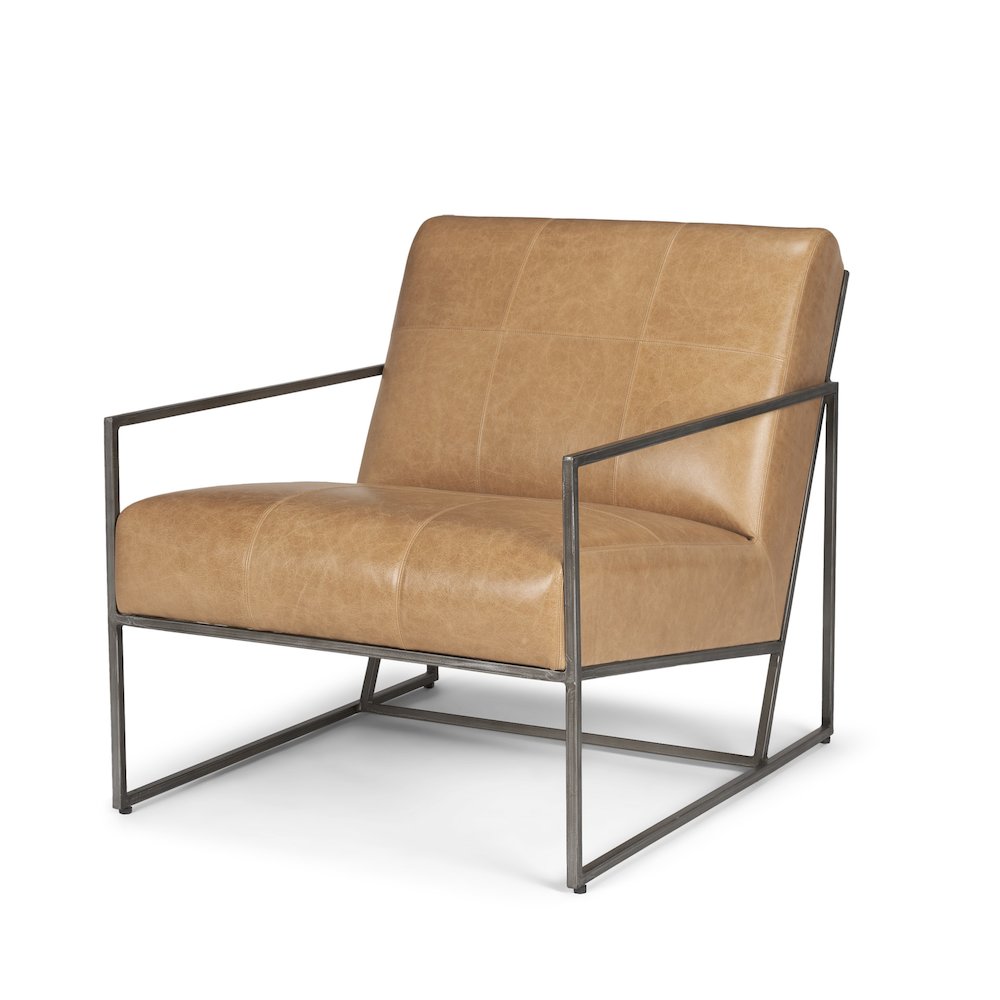 Gunmetal Genuine Brown Leather Upholstered Accent Chair